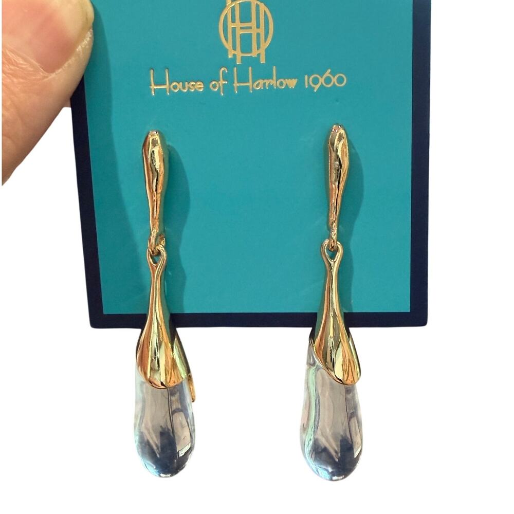 House of Harlow 1960 Gold Molten Cap Clear Teardrop Earrings NWT